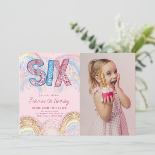 Glitter Sequin Rainbow 6th Birthday Photo 招待状 (スタンド正面)