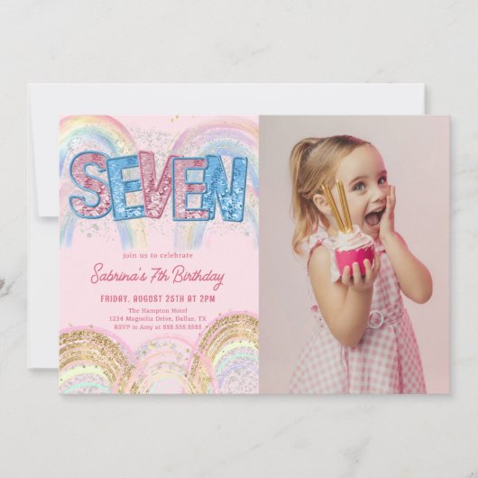 Glitter Sequin Rainbow 7th Birthday Photo 招待状 (正面)