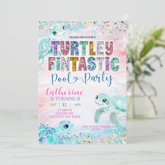 Glitter Sequin Sea Turtle Fintastic Birthday invit 招待状 (スタンド正面)