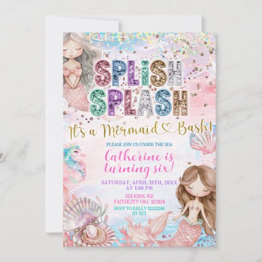 Glitter Sequin Splish Splash mermaid bash invitati 招待状 (正面)