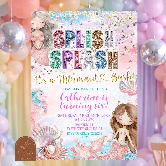 Glitter Sequin Splish Splash mermaid bash invitati 招待状