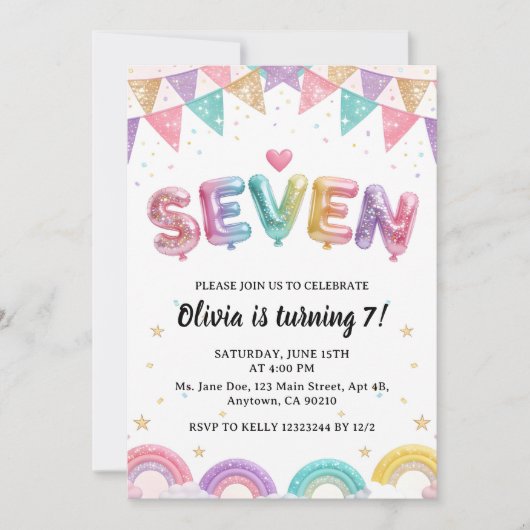 Glitter SEVEN Girly Rainbow Sequin 7th Birthday 招待状 (正面)