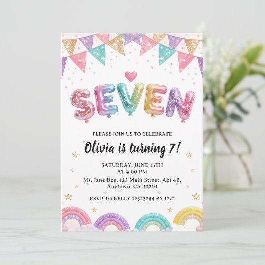 Glitter SEVEN Girly Rainbow Sequin 7th Birthday 招待状 (スタンド正面)