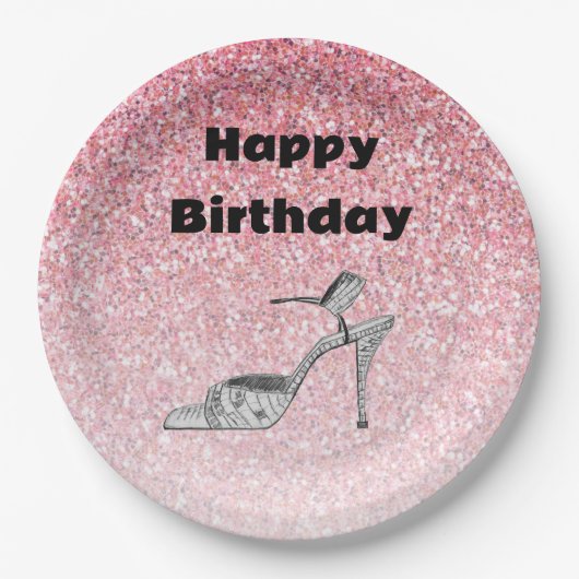 Glitter Shoe Illustration Fashion Pink Birthday ペーパープレート (正面)