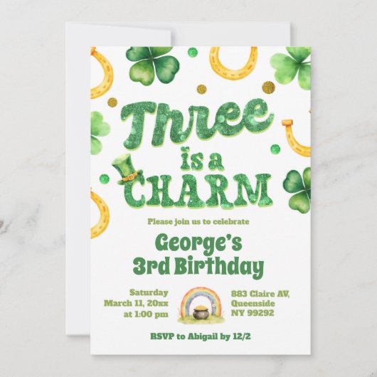 Glitter St Patrick 3rd Birthday 招待状 (正面)