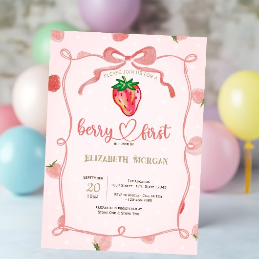 Glitter Strawberry Frame Pink Plaid Baby Shower  招待状