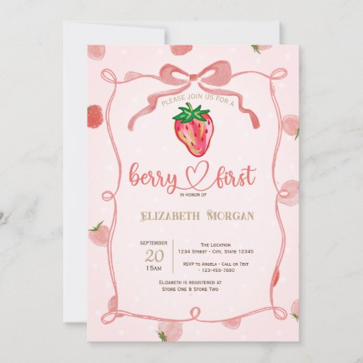 Glitter Strawberry Frame Pink Plaid Baby Shower  招待状 (正面)