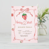 Glitter Strawberry Frame Pink Plaid Baby Shower  招待状 (スタンド正面)