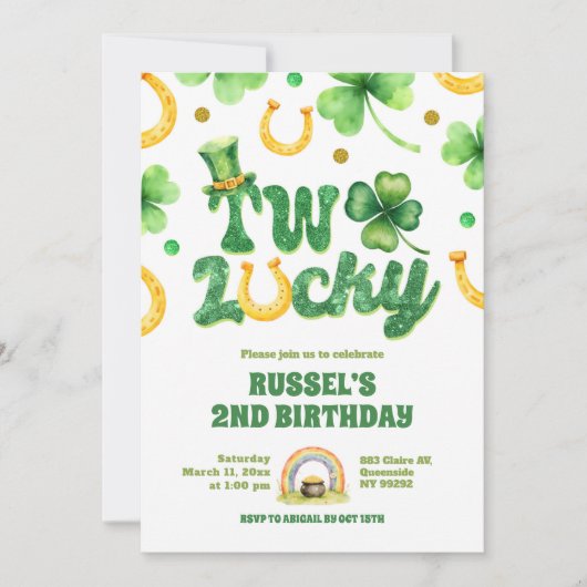 Glitter Two Lucky St Patrick 2nd Birthday 招待状 (正面)