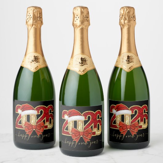 Glittering 2026 New Year Design with Santa Hat スパークリングワインラベル (ボトル)