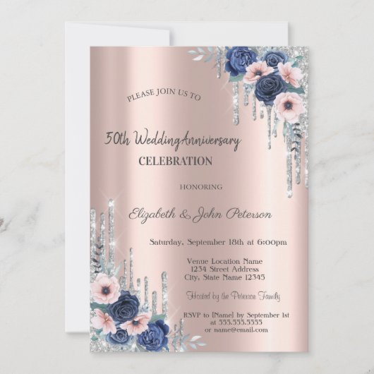 Glittering Blue Roses: Rose Gold Anniversary 招待状 (正面)