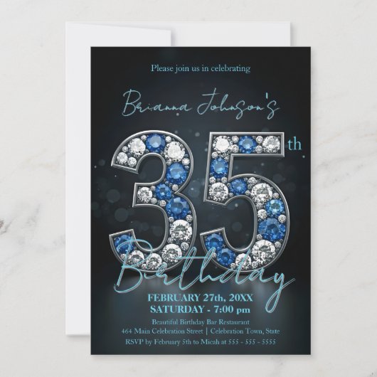 Glittering Sapphire Diamond 35th Birthday Party 招待状 (正面)