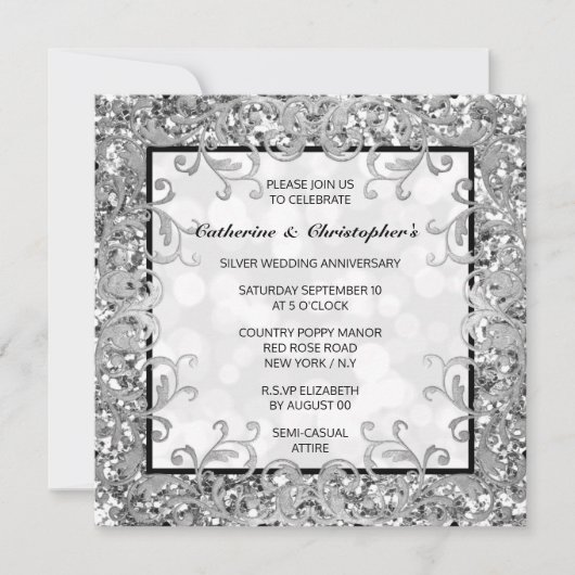 Glittering silver floral pattern quatrefoil DIY ph 招待状 (正面)