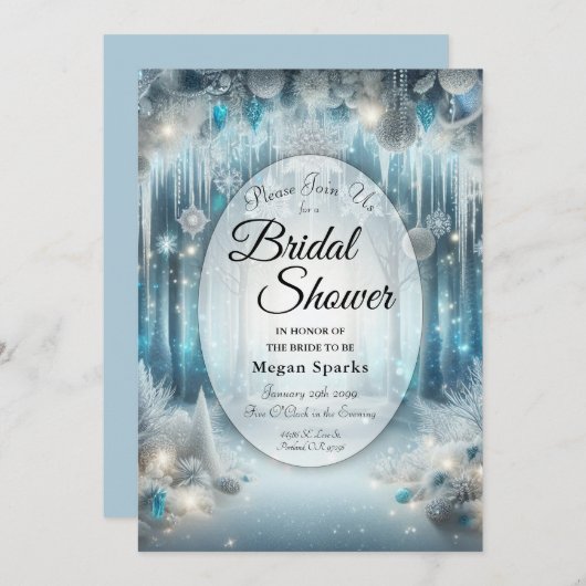  Glittering Snowy Forest Bridal Shower 招待状 (正面/裏面)