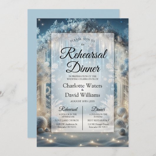 Glittering Snowy Forest Rehearsal Dinner 招待状 (正面/裏面)