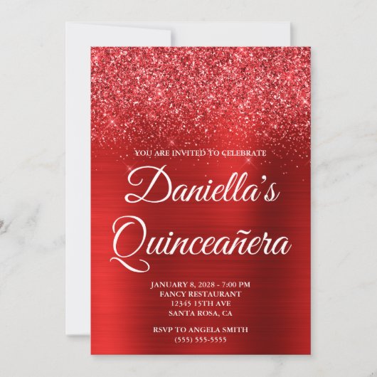 Glittery Bright Red Foil Quinceañera 招待状 (正面)