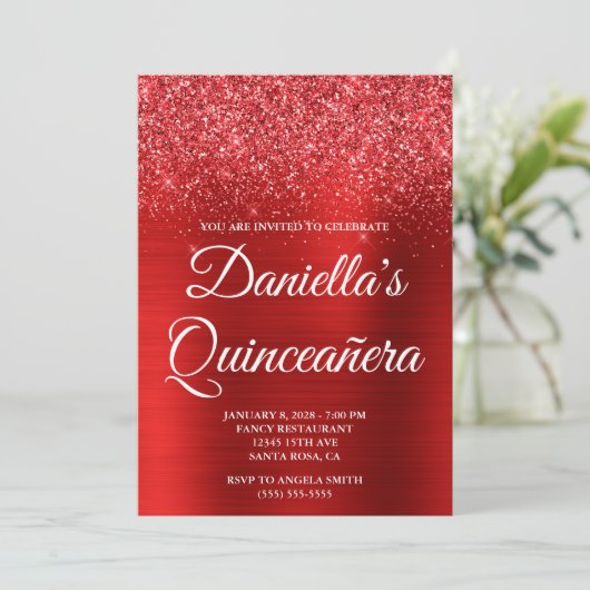 Glittery Bright Red Foil Quinceañera 招待状 (スタンド正面)