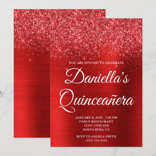 Glittery Bright Red Foil Quinceañera 招待状 (正面/裏面)