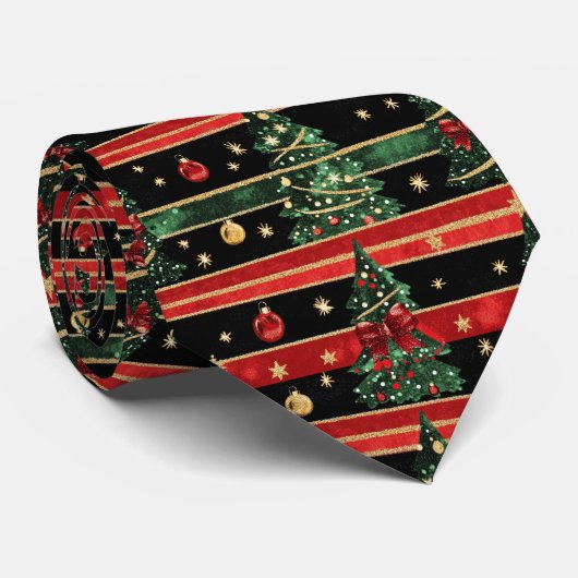 Glittery Christmas Tree - Red Black Green Striped ネクタイ (ロール)
