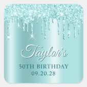 Glittery Drips Light Turquoise Ombre Drop Shadow スクエアシール (正面)