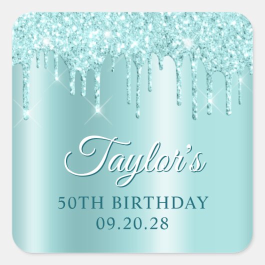 Glittery Drips Light Turquoise Ombre Drop Shadow スクエアシール (正面)