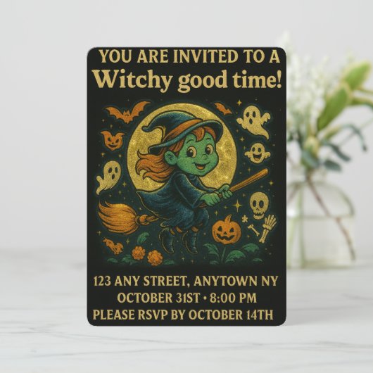 Glittery Flying Witch Halloween Party 招待状 (スタンド正面)