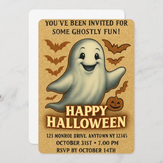 Glittery Ghost Halloween Party 招待状 (正面/裏面)