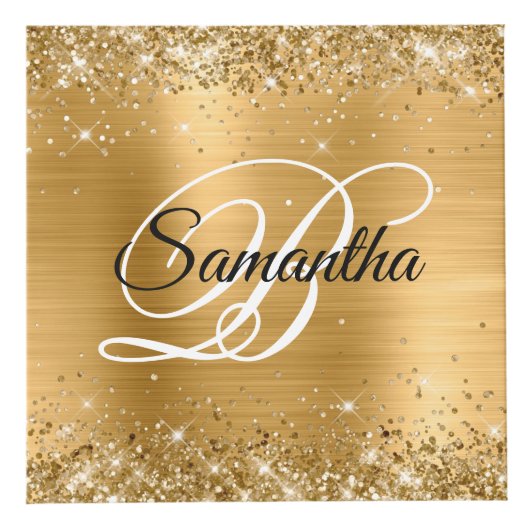 Glittery Gold Foil Fancy Monogram フォトキューブ (正面)