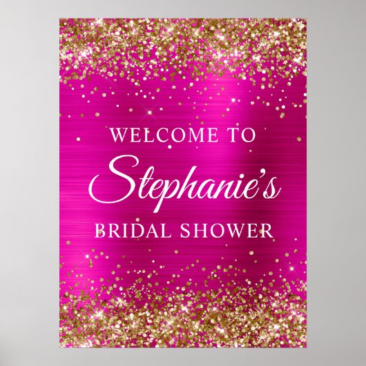 Glittery Gold Hot Pink Foil Bridal Shower Welcome ポスター (正面)