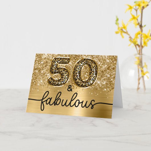 Glittery Gold Leopard Glam 50 and Fabulous カード (黄色い花)