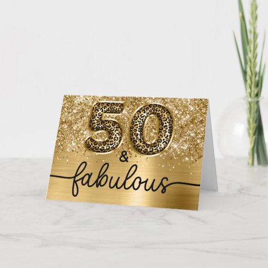 Glittery Gold Leopard Glam 50 and Fabulous カード (正面)