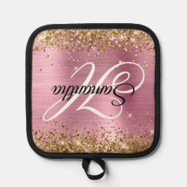 Glittery Gold Light Pink Foil Fancy Monogram 鍋敷き