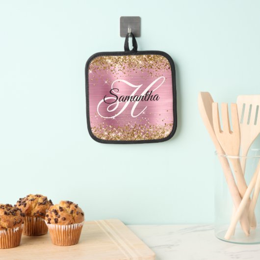 Glittery Gold Light Pink Foil Fancy Monogram 鍋敷き (インサイチュ (吊り下げ))