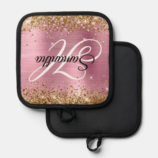 Glittery Gold Light Pink Foil Fancy Monogram 鍋敷き (正面/裏面)