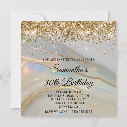 Glittery Gold Marbled Opal 30th Birthday 招待状 (正面)