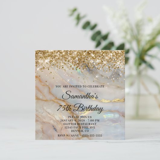 Glittery Gold Marbled Opal 75th Birthday 招待状 (スタンド正面)