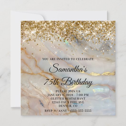 Glittery Gold Marbled Opal 75th Birthday 招待状 (正面)