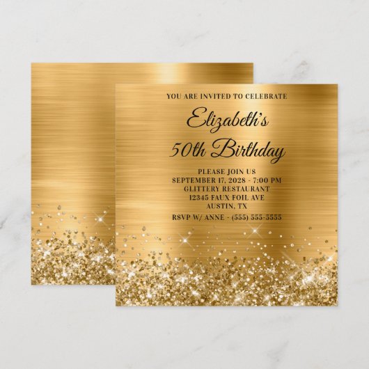 Glittery Gold Metallic 50th Birthday 招待状 (正面/裏面)