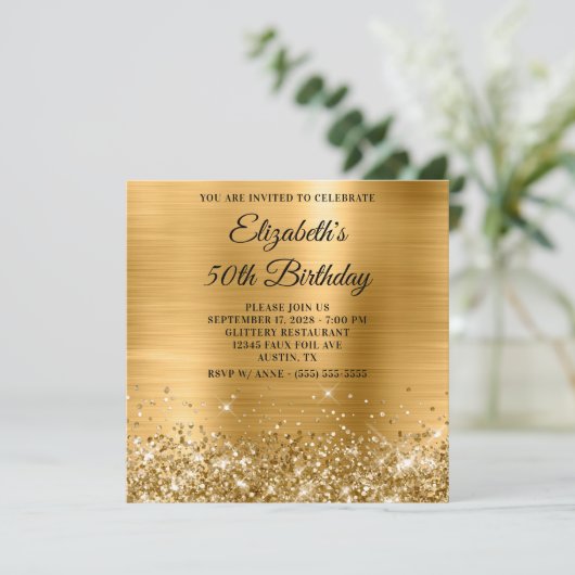 Glittery Gold Metallic 50th Birthday 招待状 (スタンド正面)