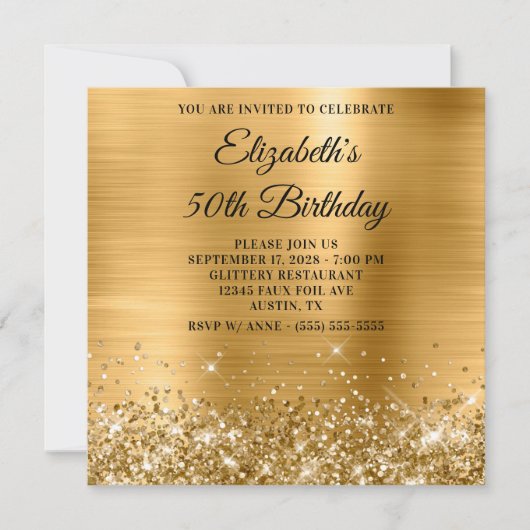 Glittery Gold Metallic 50th Birthday 招待状 (正面)