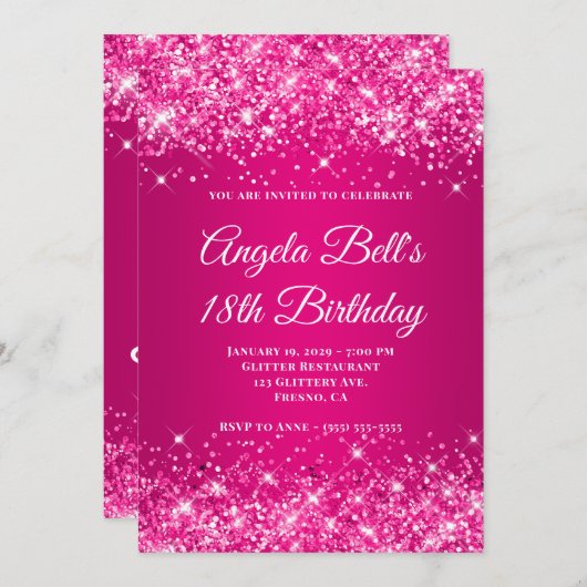 Glittery Hot Pink Raspberry Ombre 18th Birthday 招待状 (正面/裏面)