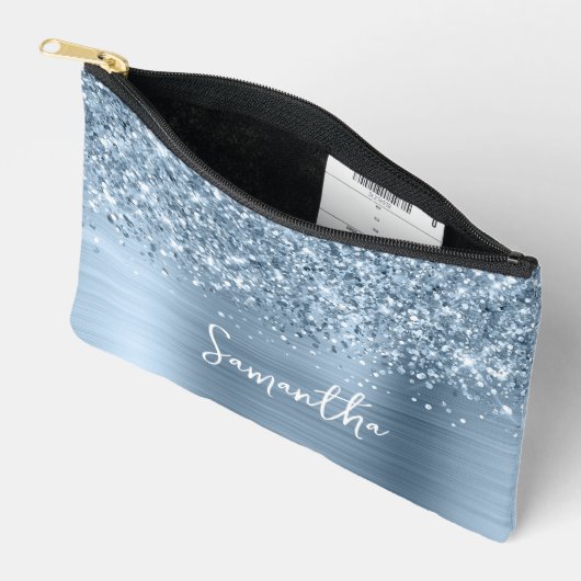 Glittery Light Blue Glam Script Name アクセサリーポーチ (見開き)