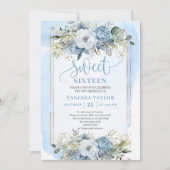 Glittery Pastel Blue White Peonies Sweet 16 Invite 招待状 (正面)