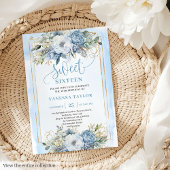 Glittery Pastel Blue White Peonies Sweet 16 Invite 招待状