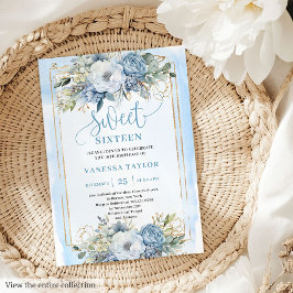 Glittery Pastel Blue White Peonies Sweet 16 Invite 招待状