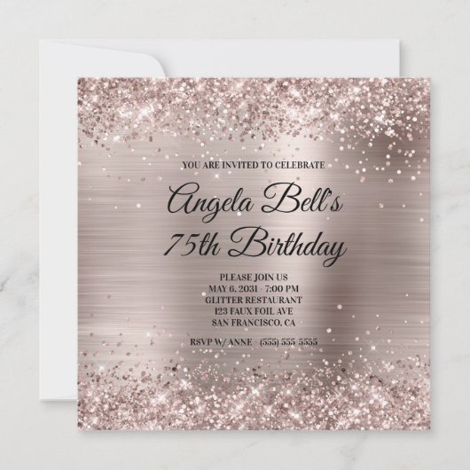 Glittery Pink Champagne Faux Foil 75th Birthday 招待状 (正面)