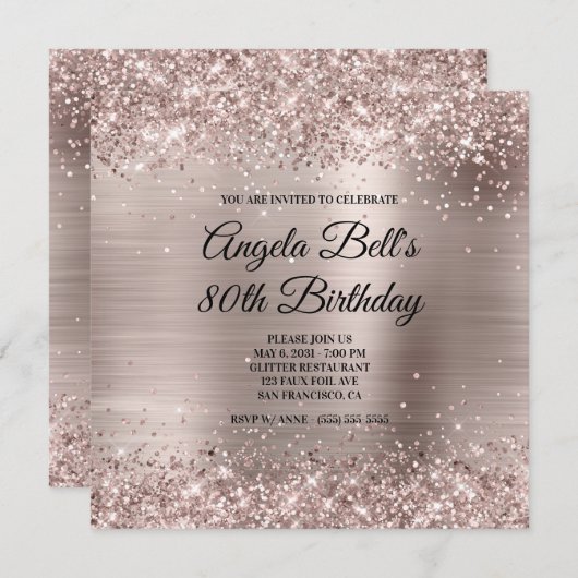 Glittery Pink Champagne Faux Foil 80th Birthday 招待状 (正面/裏面)