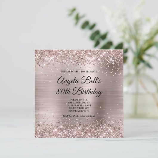 Glittery Pink Champagne Faux Foil 80th Birthday 招待状 (スタンド正面)