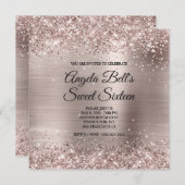 Glittery Pink Champagne Faux Foil Sweet Sixteen 招待状 (正面/裏面)