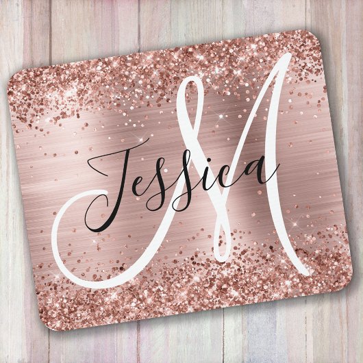 Glittery Rose Gold Foil Black and White Monogram マウスパッド